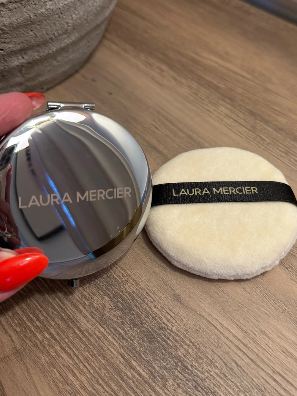 Laura Mercier Silver Compact Mirror with  Powder Puff